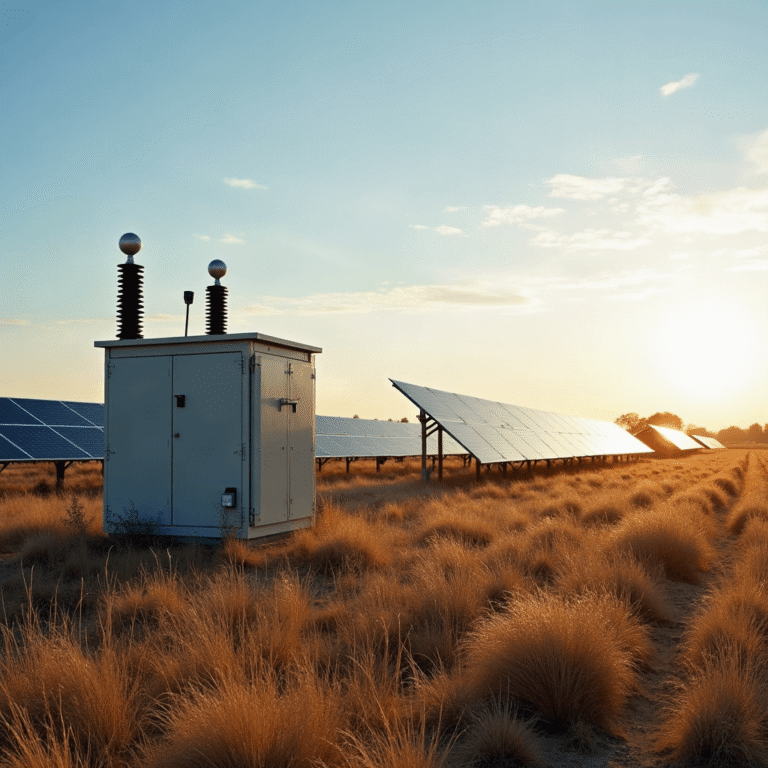 Kompakte Trafostation neben einer Photovoltaik-Freiflächenanlage