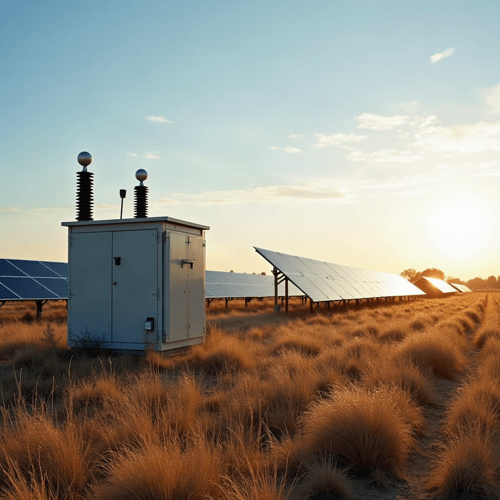 Kompakte Trafostation neben einer Photovoltaik-Freiflächenanlage